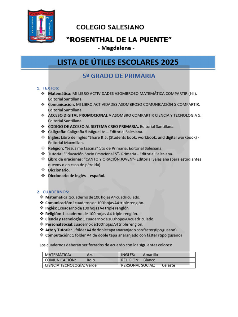 Lista de Útiles 5º Grado 2025 - Salesiano | PDF | Arco iris | Color
