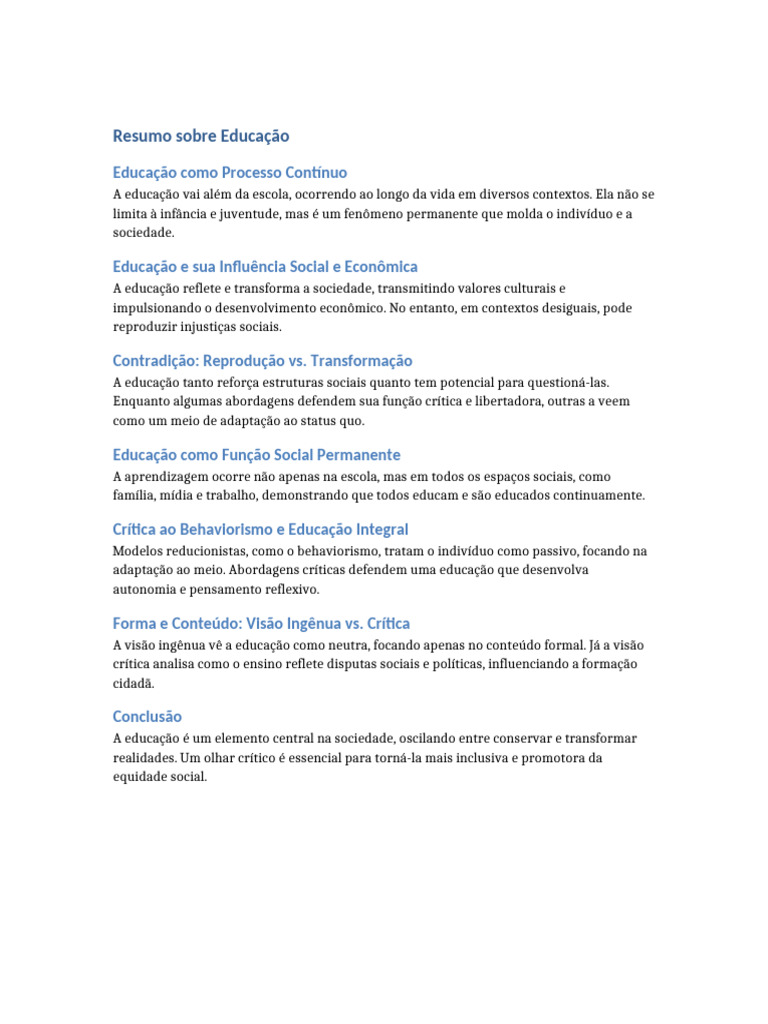 Resumo Sobre Educacao | PDF