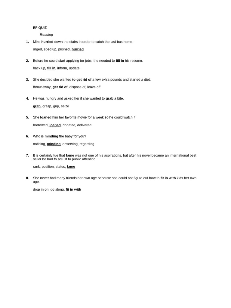 EF Quiz: Reading Comprehension Exercises | PDF