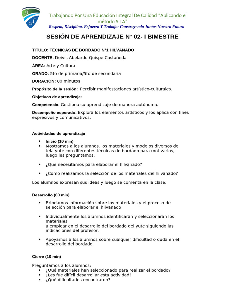 Sesión de Aprendizaje Arte y Cultura N°2 | PDF