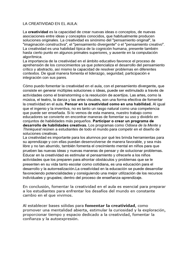 Fomentar la Creatividad en el Aula | PDF | Creatividad | Pensamiento