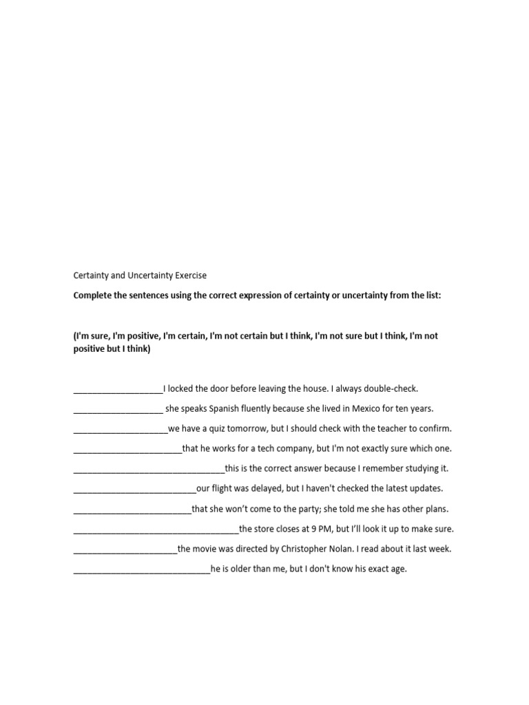 Certainty and Uncertainty Sentence Exercise | PDF