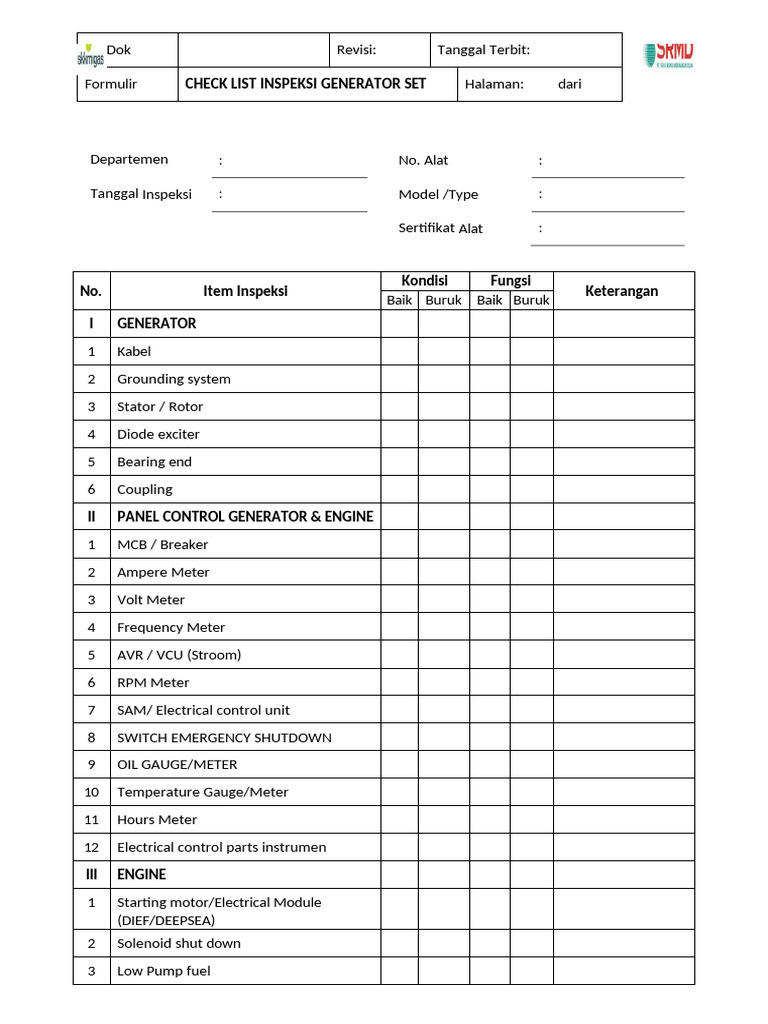 Form Check List Inspeksi Generator Set | PDF | Electric Generator ...