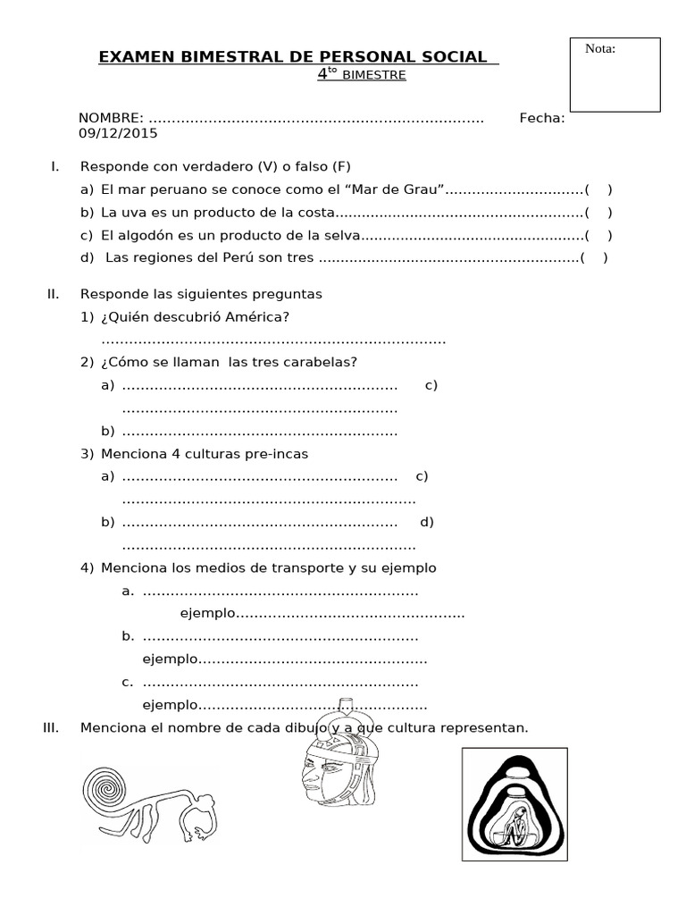 Examen Bimestral de Personal Social | PDF | Imperio Inca
