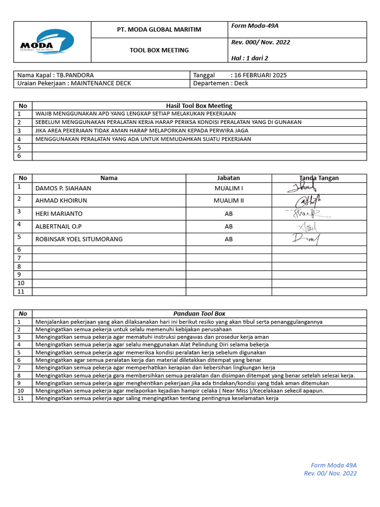 Form Moda-49A Tool Box Meeting ( FEB 2025 ) | PDF