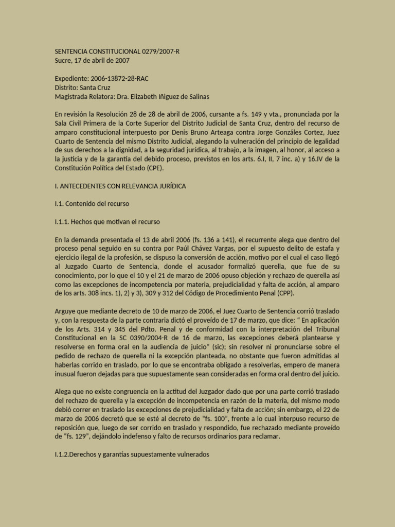 Sentencia Constitucional 0279 - 2007 | PDF | Queja | Caso de ley