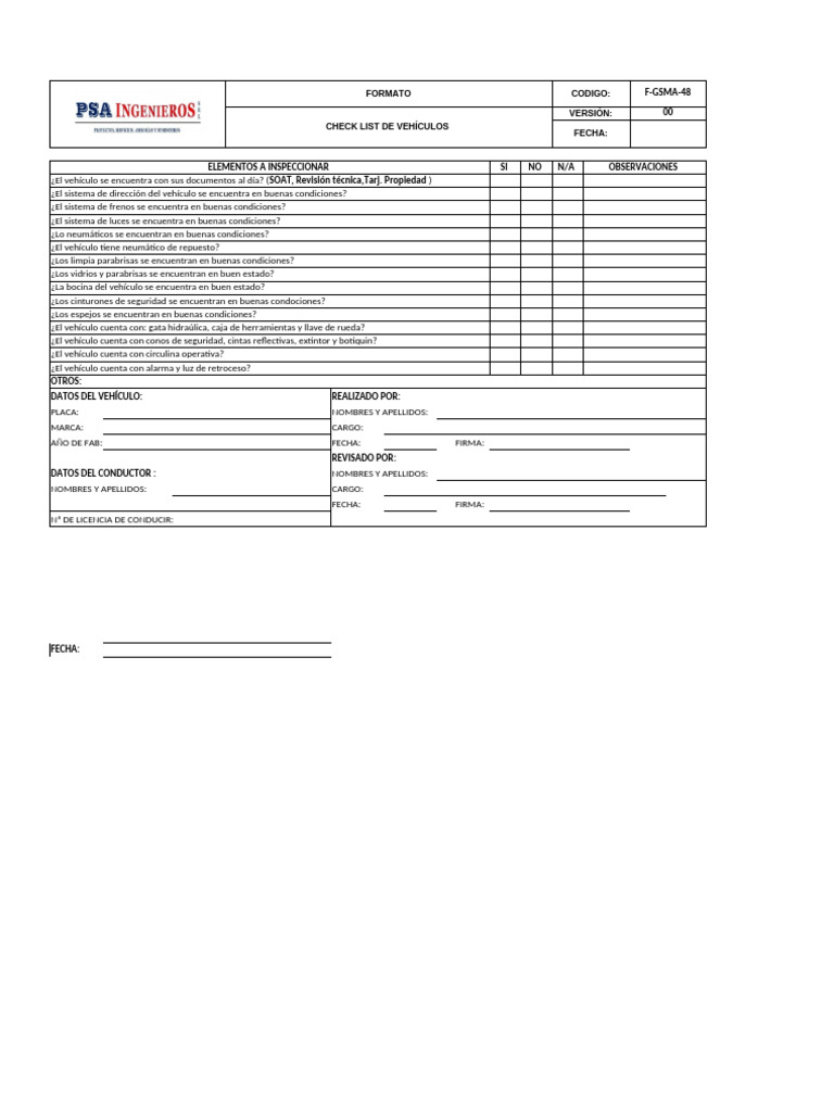 Check List de Inspección Vehicular | PDF