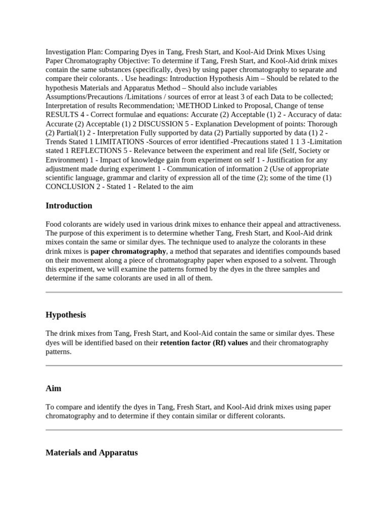 Investigation Plan Lab On Kool Aid Chromatography | PDF ...
