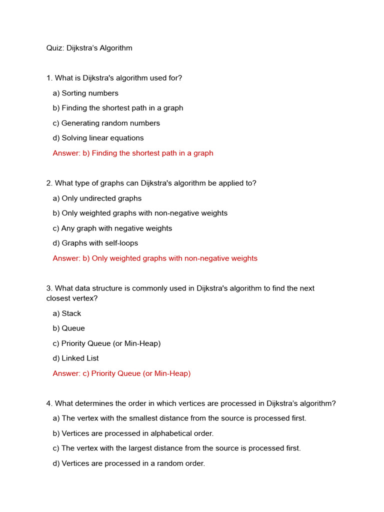 Dijkstra's Algorithm Quiz with Answers | PDF | Theoretical Computer ...