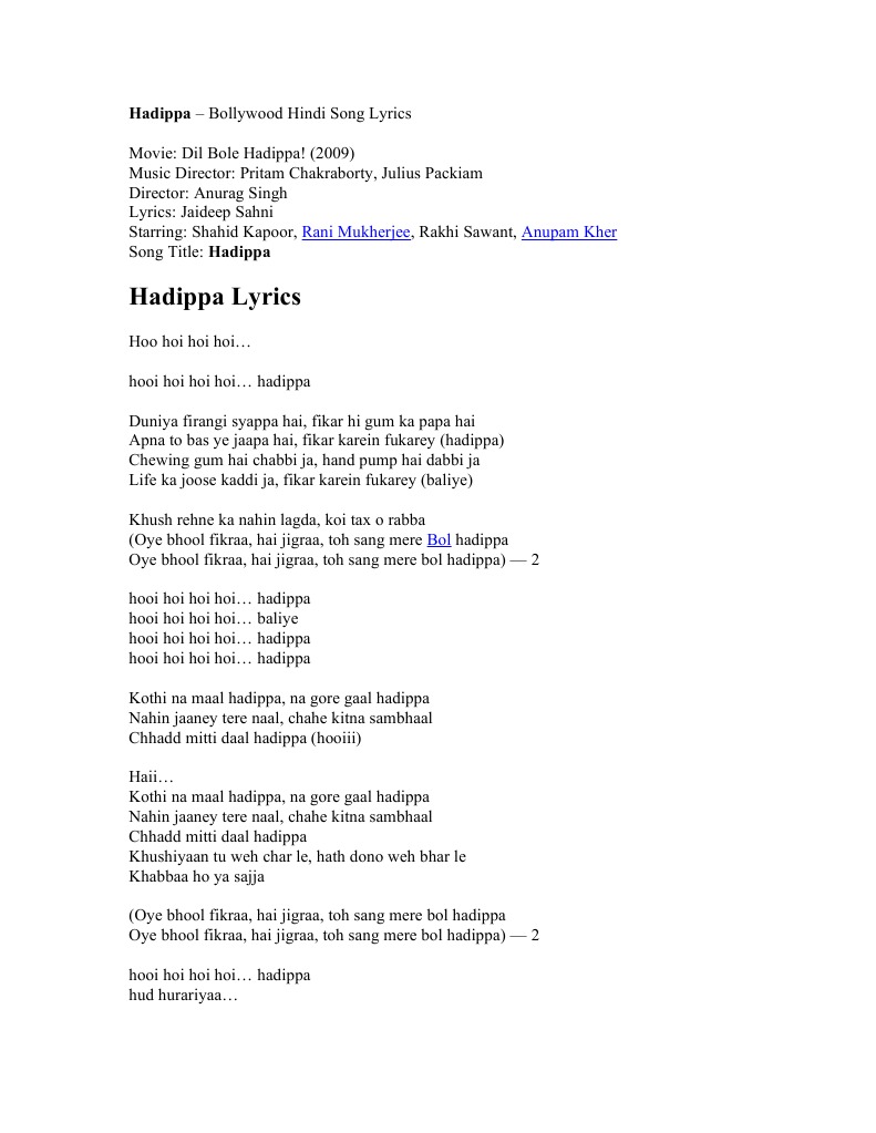Hadippa Lyrics from Dil Bole Hadippa! | PDF
