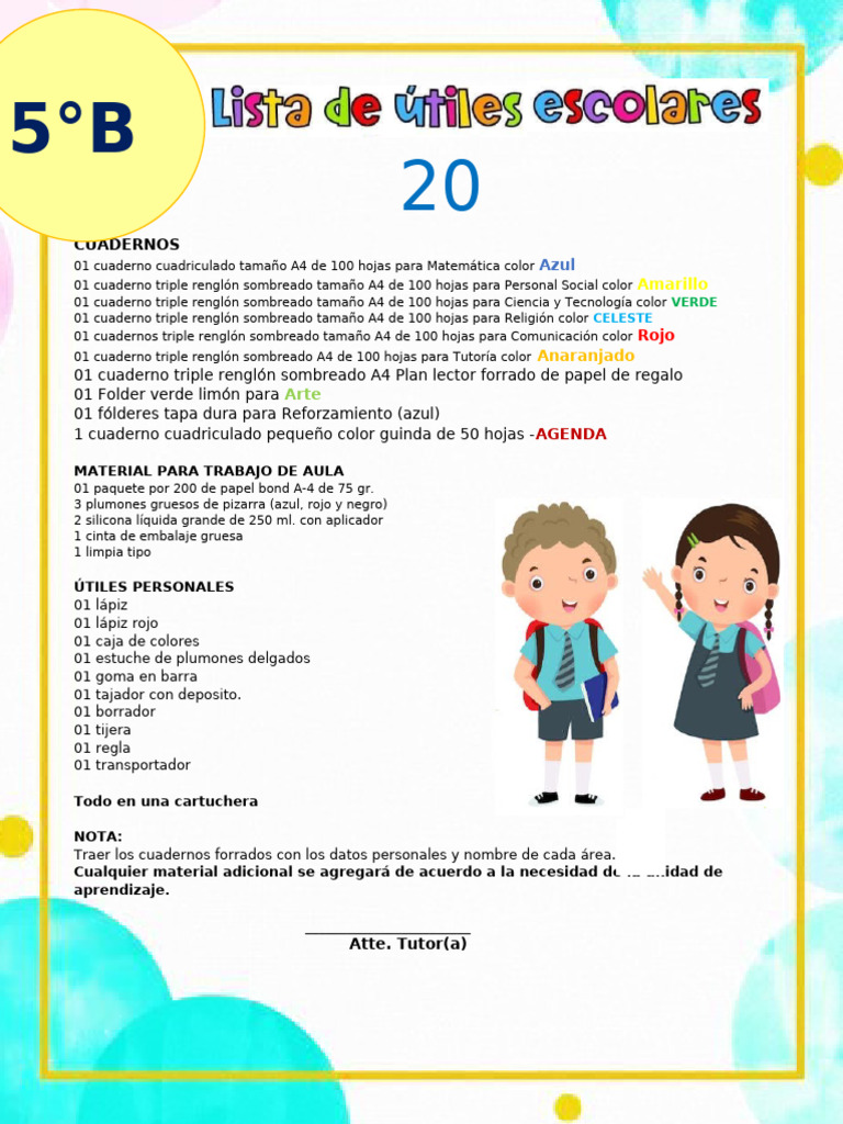 Lista de útiles 5to grado primaria 2025 | PDF