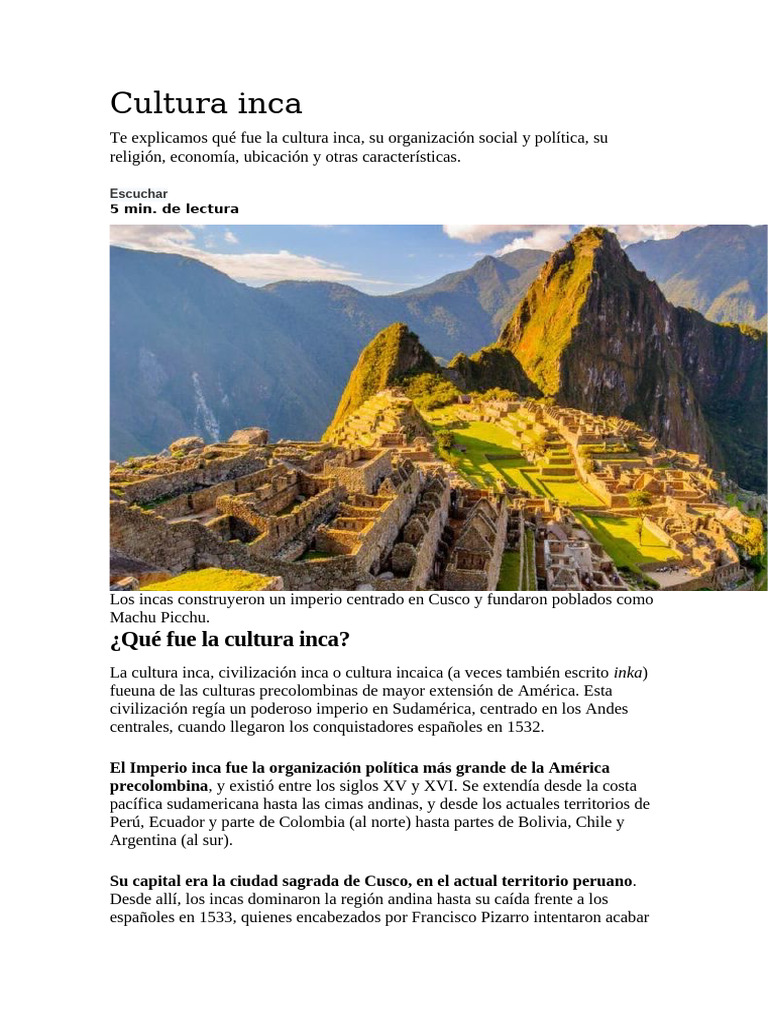 Cultura y organización de los incas | PDF | Imperio Inca | Perú