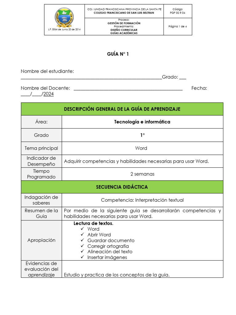 Guía de Aprendizaje: Uso de Word en 1° Grado | PDF | Microsoft Word ...