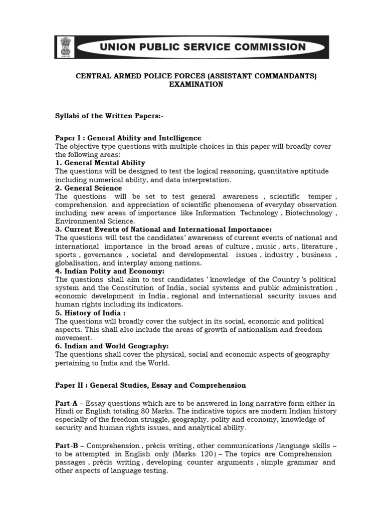 CAPF Assistant Commandant Syllabus | PDF