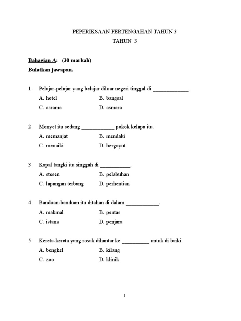 Contoh Soalan Bahasa Melayu Tahun 3