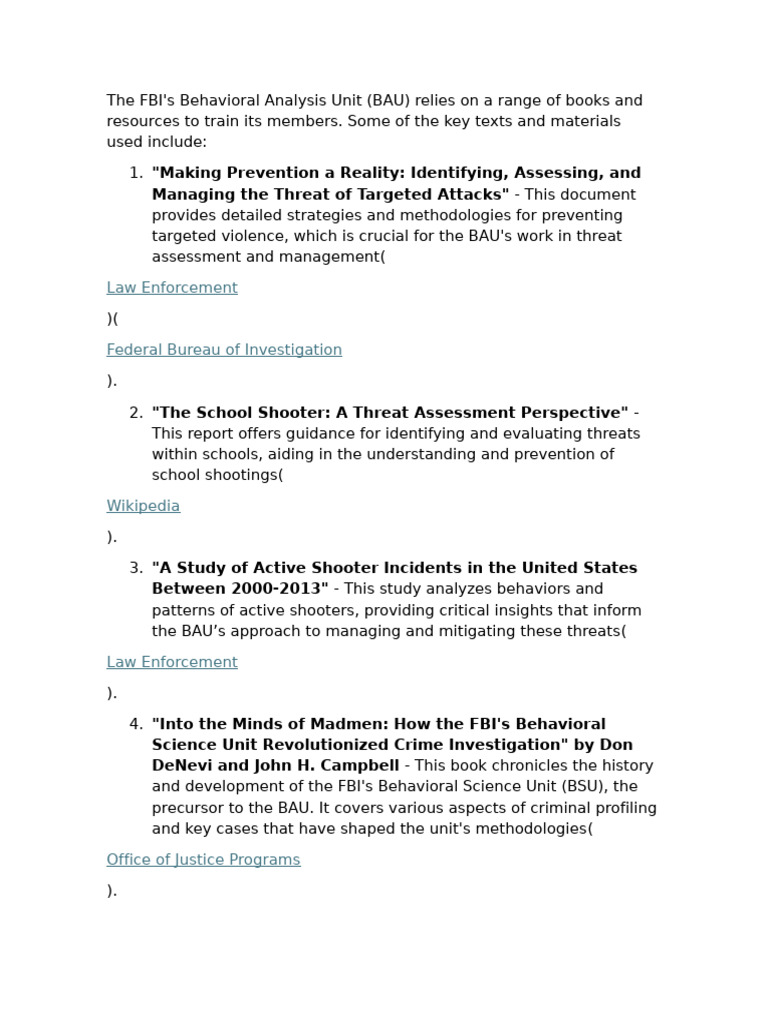 FBI Behavioral Analysis Unit Resources | PDF