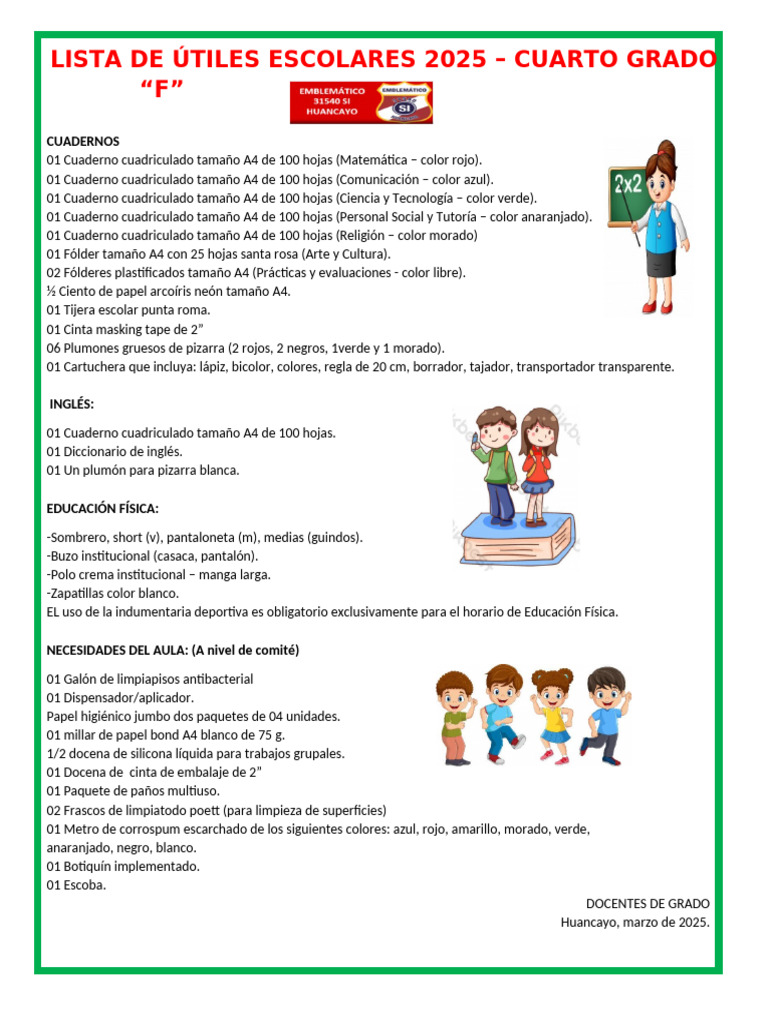 Lista de útiles escolares 2025 cuarto grado | PDF