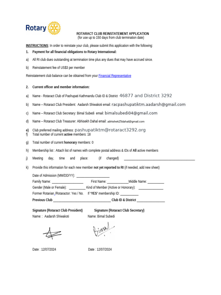 Rotaract Club Reinstatement Form | PDF