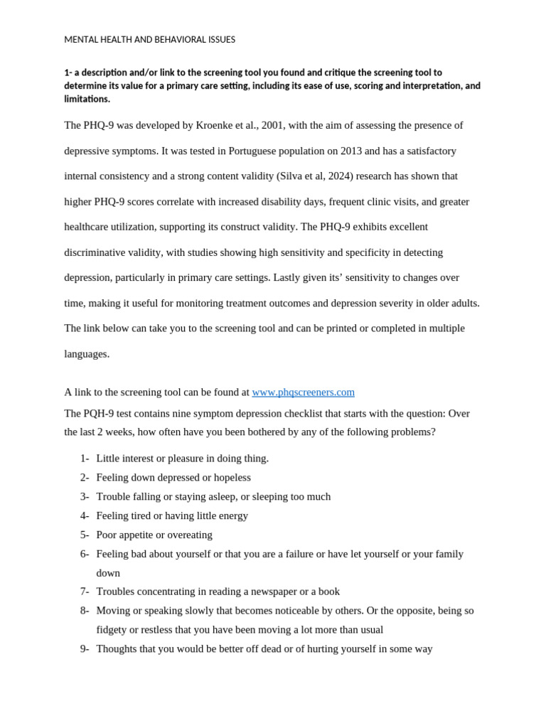 PHQ-9 Screening Tool for Depression | PDF