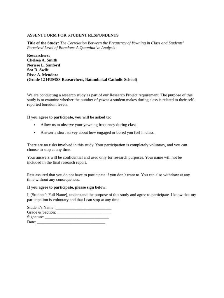 Student Yawning Study Assent Form | PDF