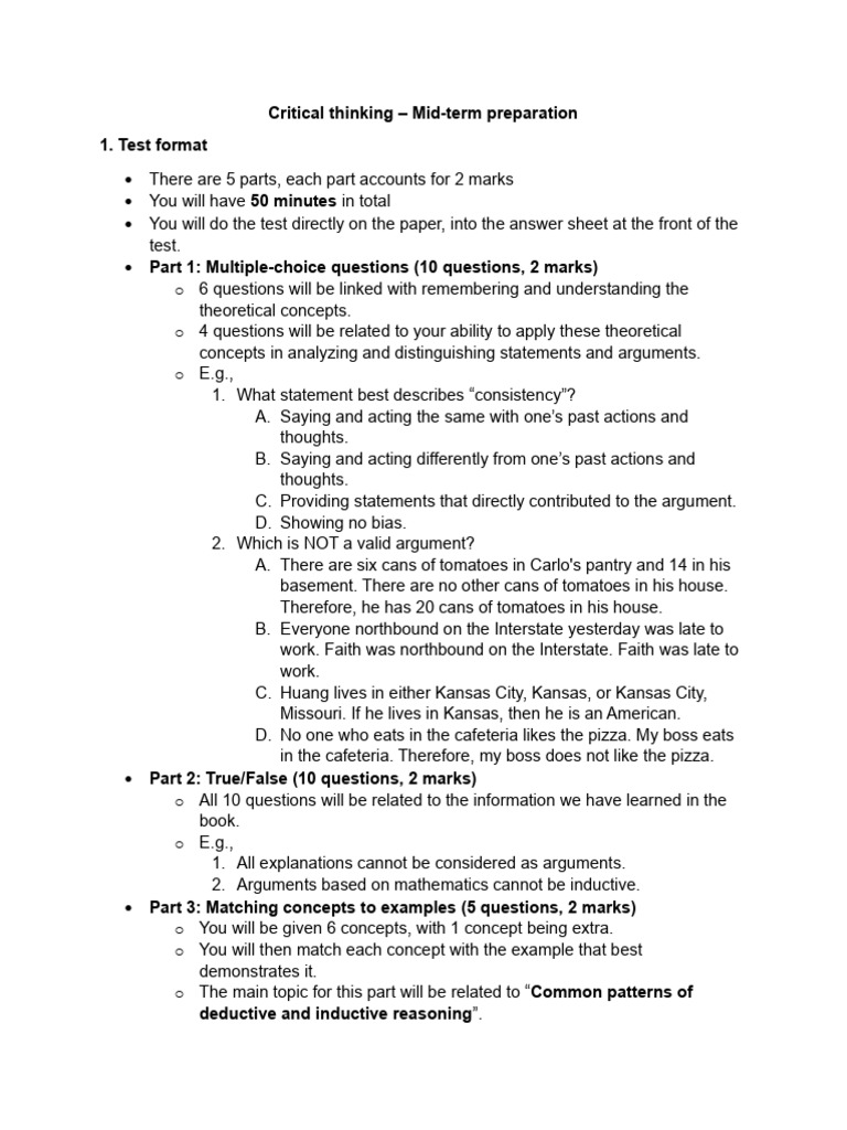 Critical Thinking Mid-Term Test Guide | PDF | Deductive Reasoning ...