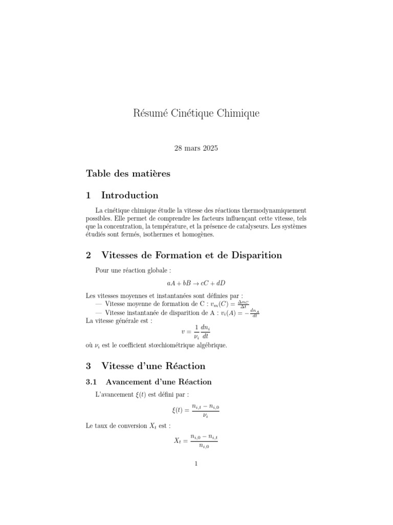 Résumé de la Cinétique Chimique | PDF | Cinétique chimique | Réactions ...