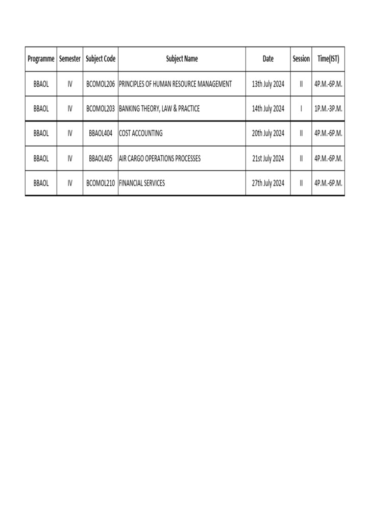 BBAOL Semester Exam Schedule 2024 | PDF | Business | Economies