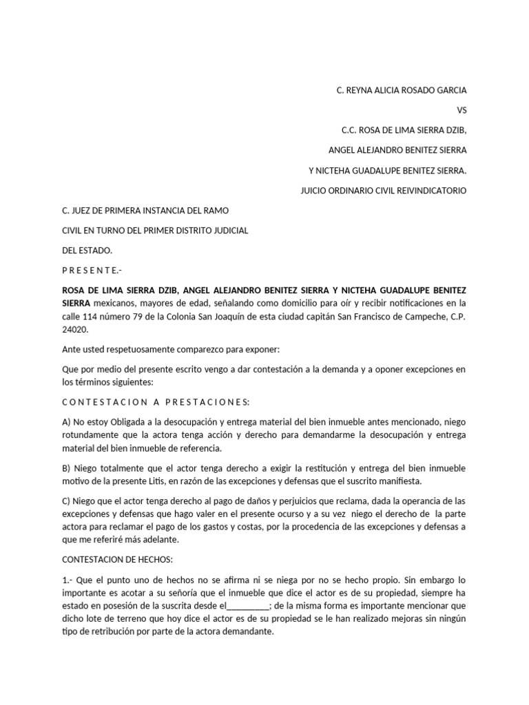 Contestación a Juicio Civil Reivindicatorio | PDF | Propiedad ...
