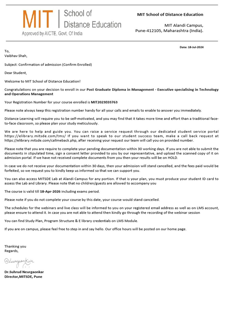 Admission Confirmation for MITSDE Course | PDF | Distance Education