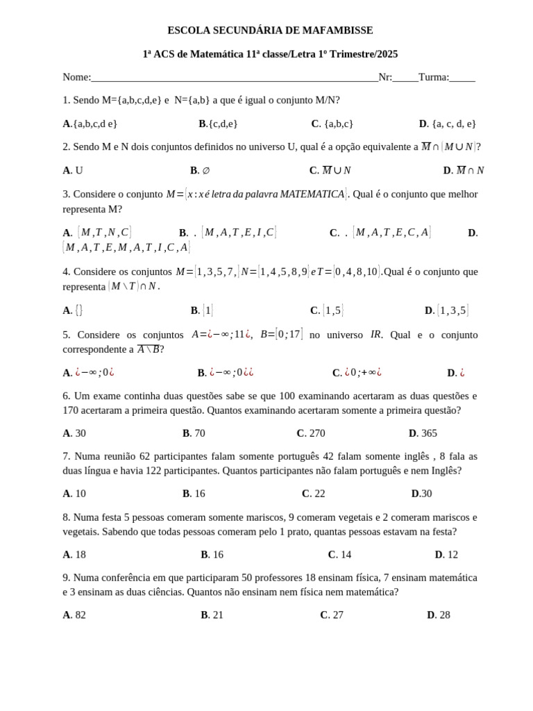 Questões de Matemática para 11ª Classe | PDF