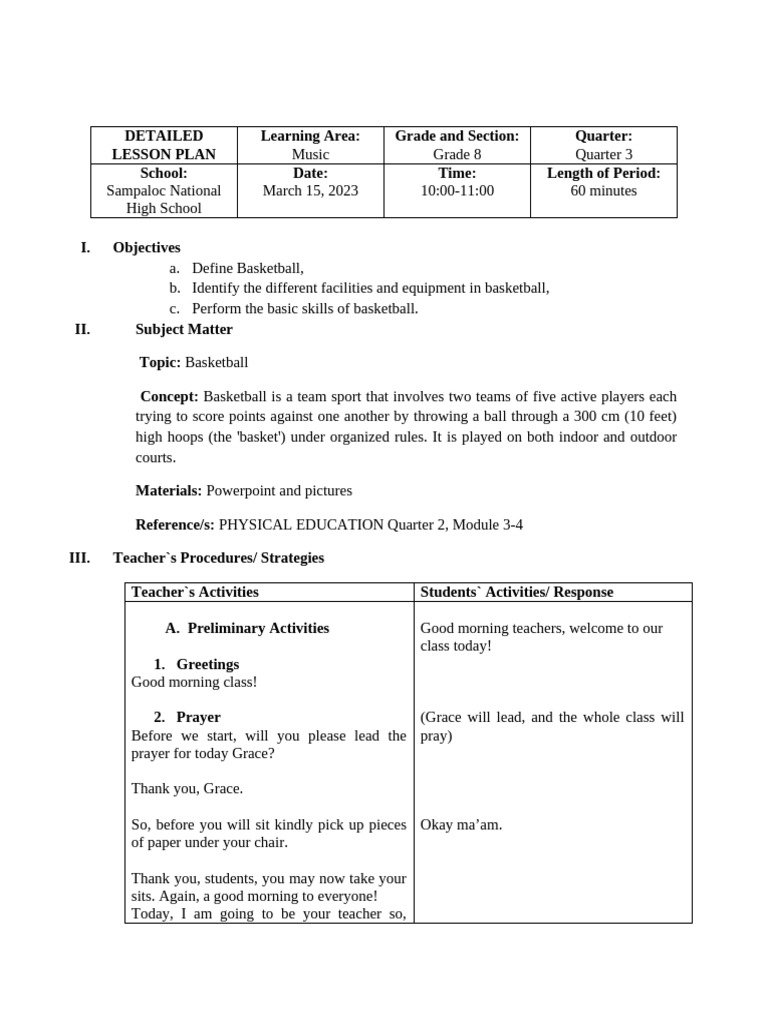 Grade 8 Basketball Lesson Plan | PDF | Sports
