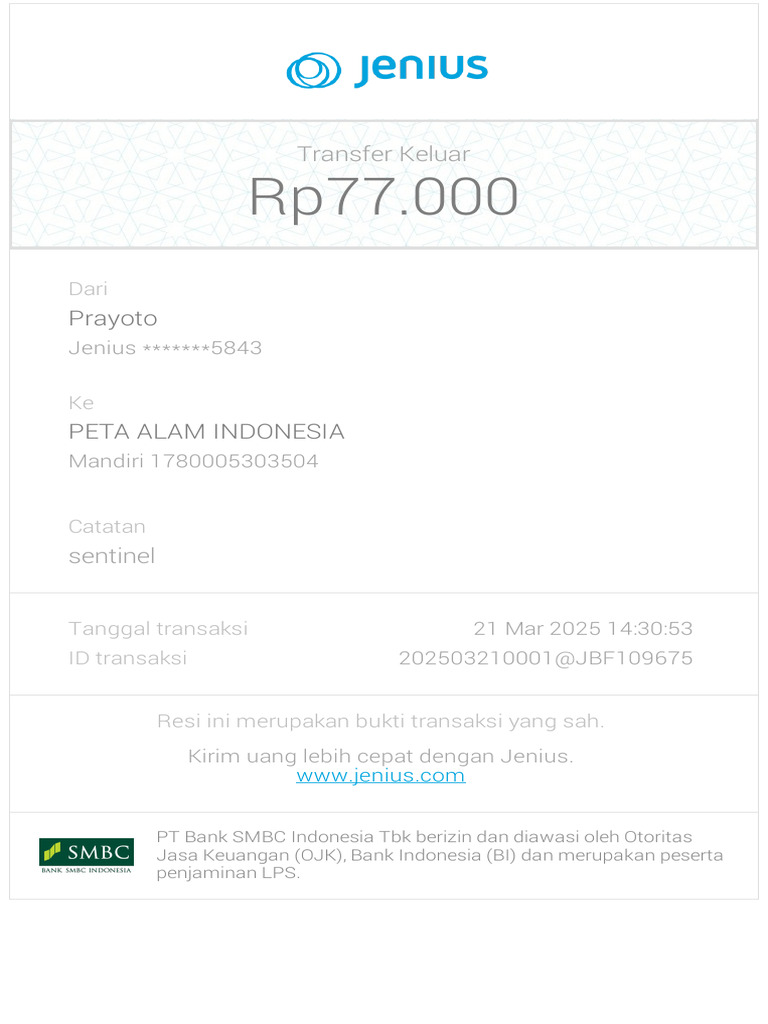 Transfer Uang Jenius ke Mandiri Rp77.000 | PDF