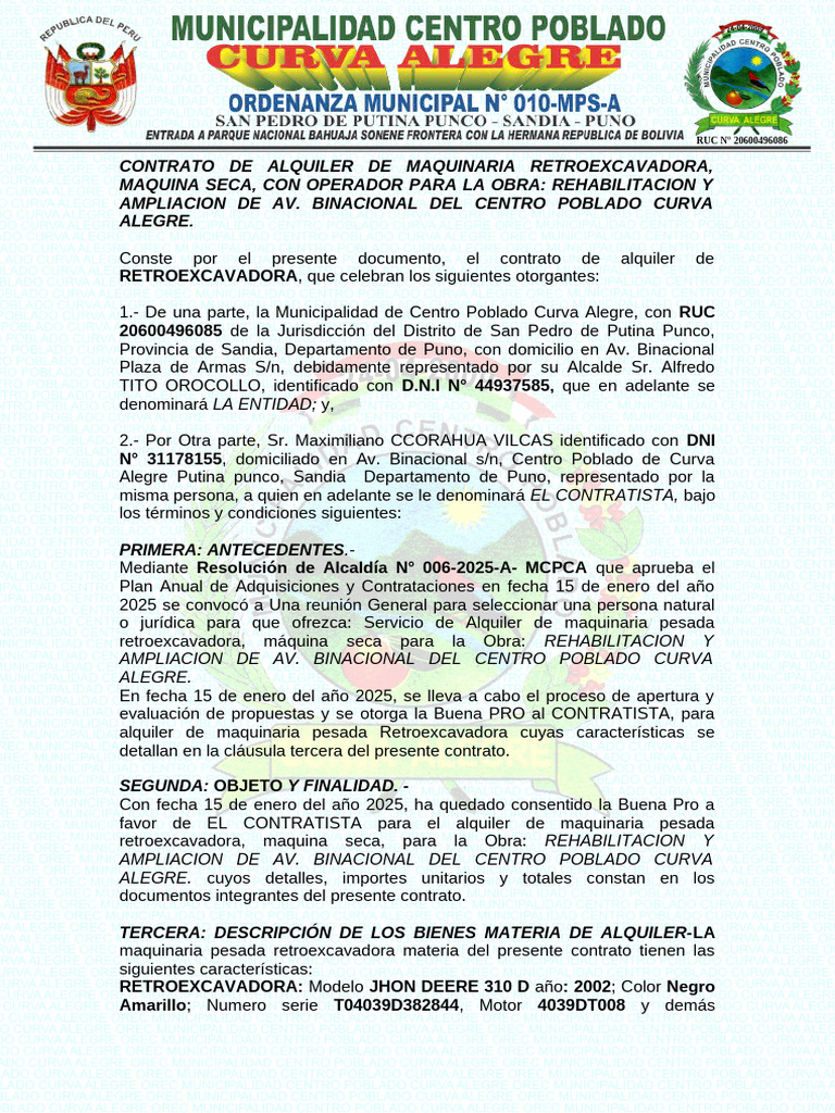 Contrato de Alquiler Retroexcavadora 2025 | PDF