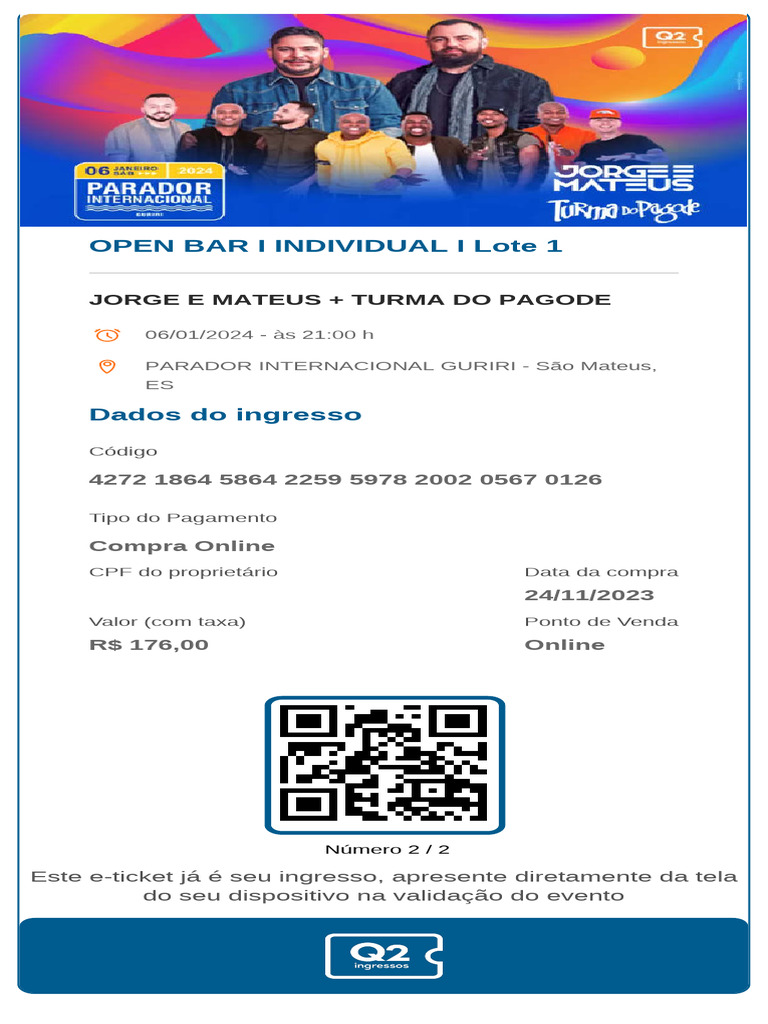 Ingresso Open Bar Jorge e Mateus 2024 | PDF