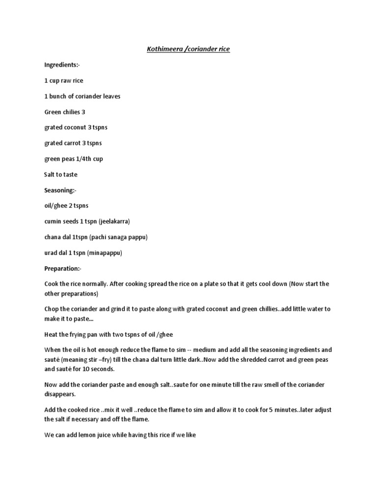 Kothimeera Rice Recipe | PDF | Curry | Foods