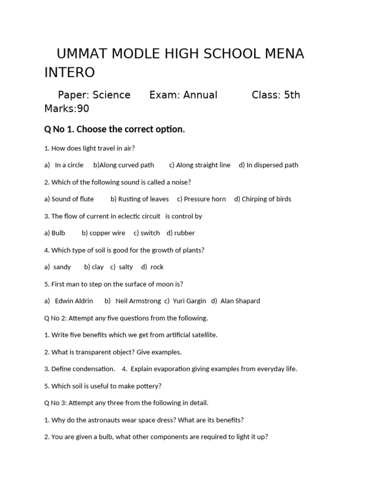 5th Grade Science Exam Paper | PDF