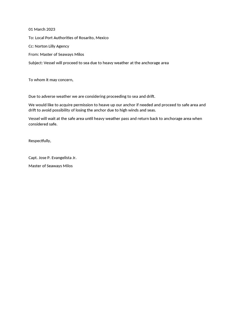 Letter For Port Authorities | PDF