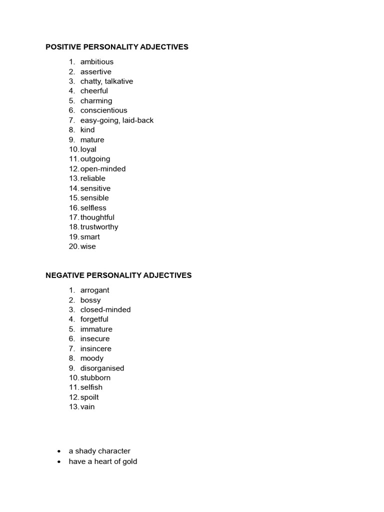 Positive and Negative Personality Traits | PDF