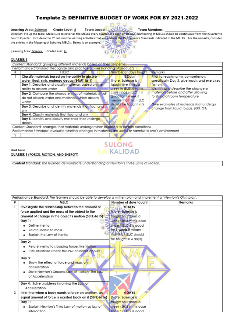 8th Grade Science Budget Template | PDF | Force | Molecules