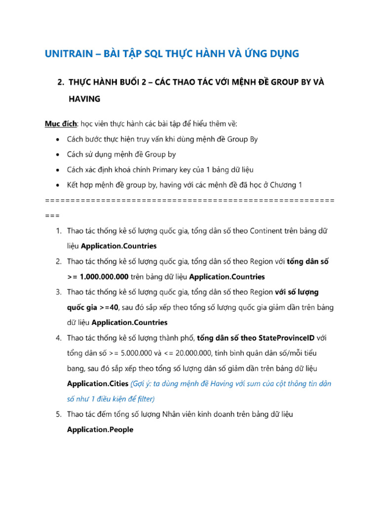 UniTrain BaiTap SQL ThucHanh Buoi2 2024 | PDF