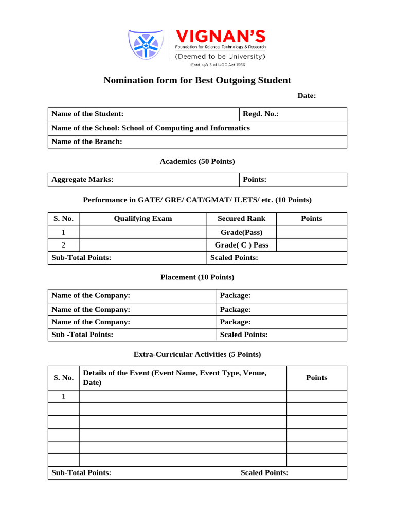 Best Out Going Nomination Form | PDF | Higher Education | Student ...