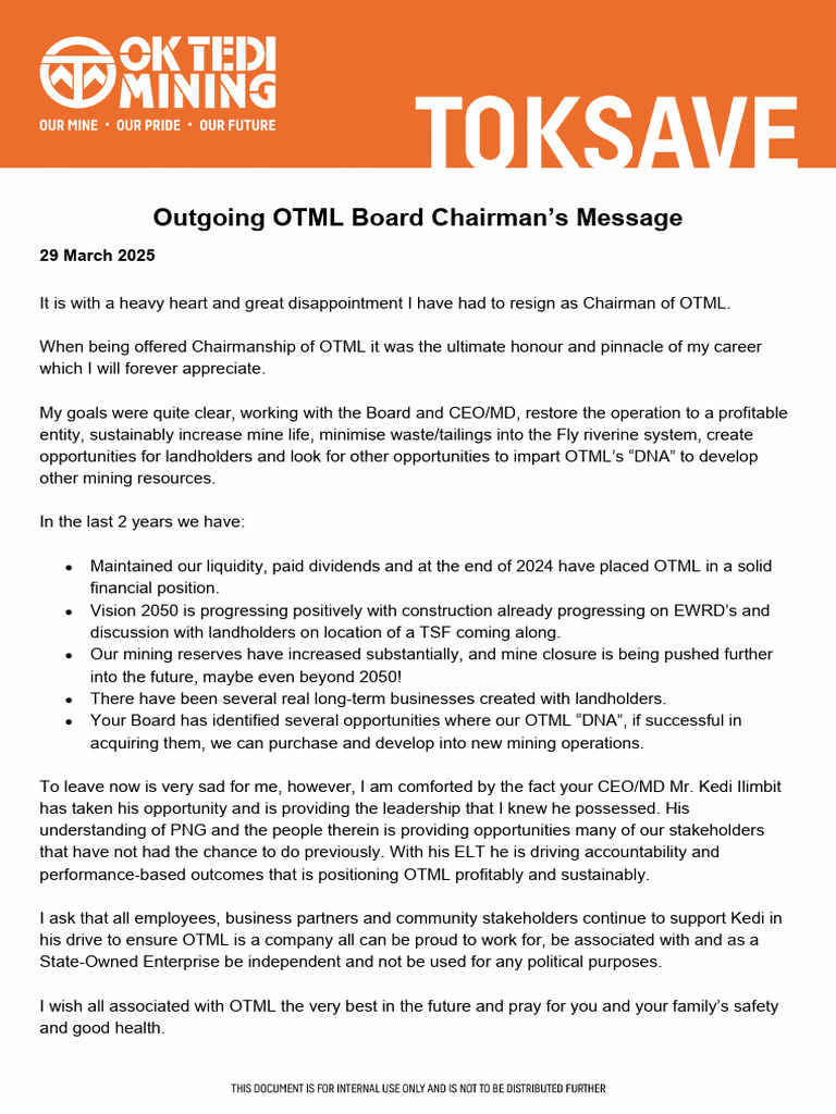 Outgoing OTML Chairman's Farewell Message | PDF