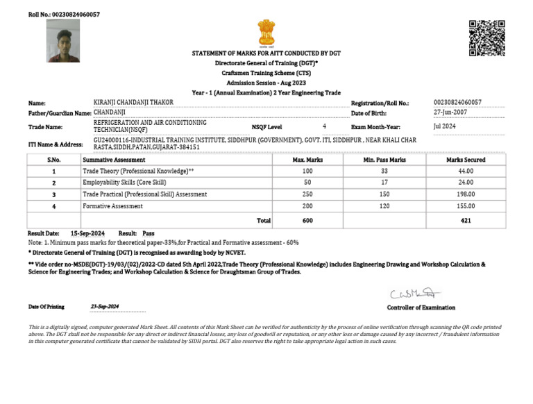 AITT Marks Statement for Kiranji Thakor | PDF