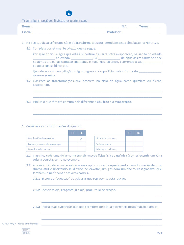 Ficha Diferenciada 6A - Transformações Físicas e Químicas | PDF ...