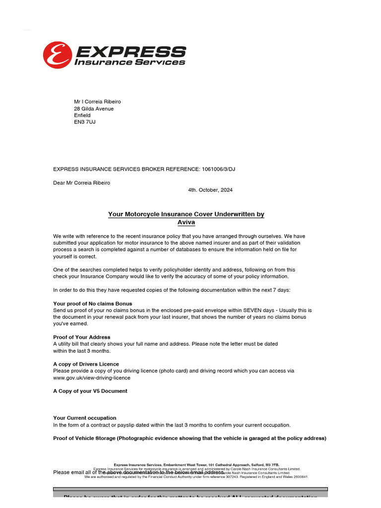 Motorcycle Insurance Documentation Request | PDF | Insurance | Driver's ...