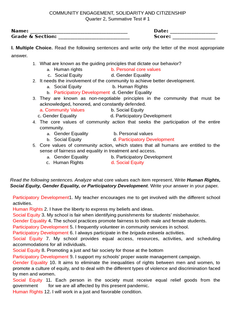 Community Engagement Test: Values & Principles | PDF | Social Equality ...