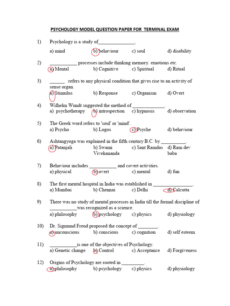 Psychology Terminal Exam Question Paper | PDF | Psychology | Self Esteem