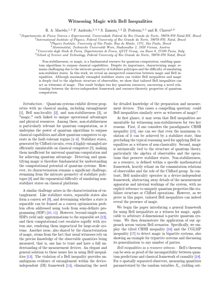 Witnessing Magic With Bell Inequalities - 2503.18734v1 | PDF | Quantum ...