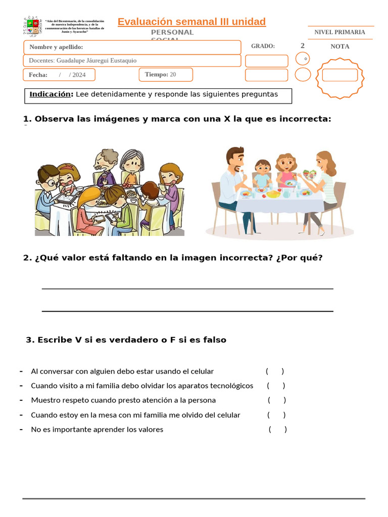 Evaluación Semanal de Valores - 2° Grado | PDF