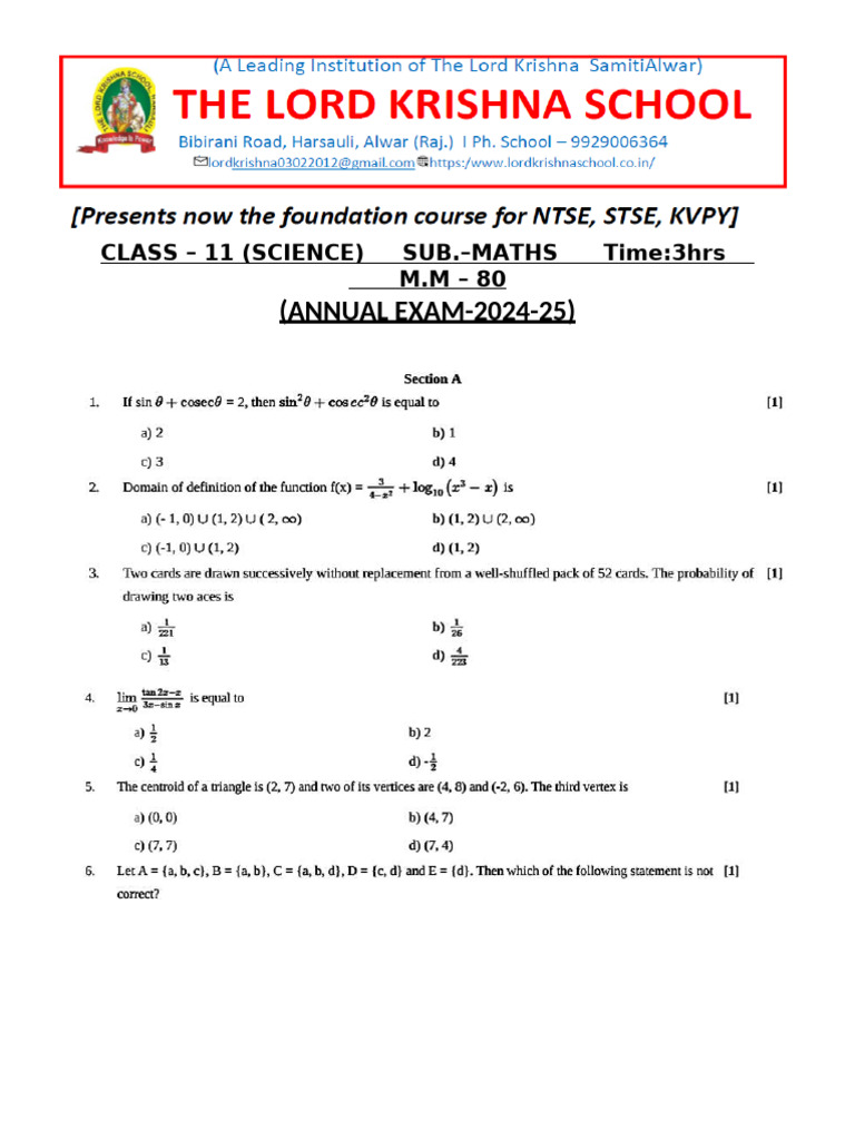 Class 11 Maths Annual Exam 2024-25 | PDF